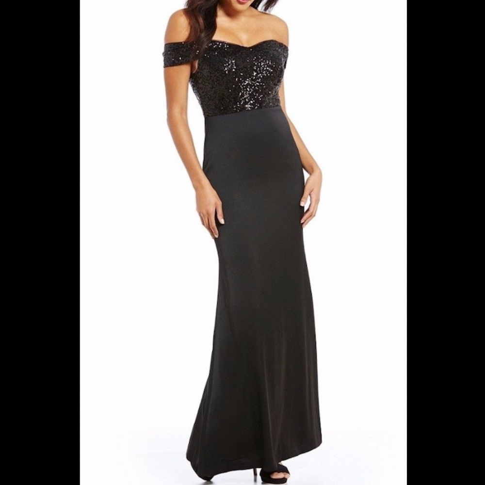 Aidan Mattox off shoulder sequin crepe black gown